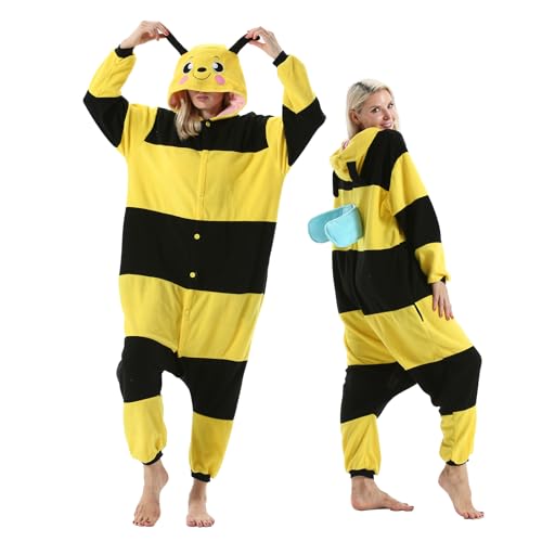 NAVARCH Biene Kostüm Damen Herren Onesie Plüsch Tierkostüm Erwachsene Ganzkörper Schlafanzug Karneval Jumpsuit Cosplay Fasching Halloween Pyjamas von NAVARCH