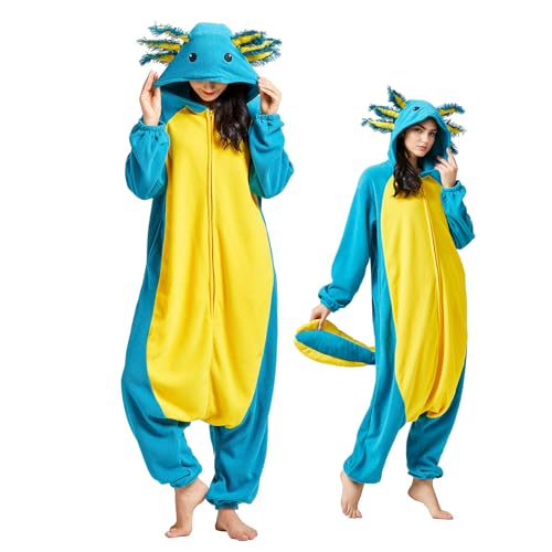 NAVARCH Blau Axolotl Kostüm Damen Herren Onesie Plüsch Tierkostüm Erwachsene Ganzkörper Schlafanzug Karneval Jumpsuit Cosplay Fasching Halloween Pyjamas von NAVARCH