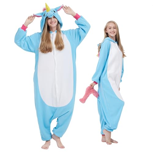 NAVARCH Blau Einhorn Kostüm Damen Herren Onesie Plüsch Tierkostüm Erwachsene Ganzkörper Schlafanzug Karneval Jumpsuit Cosplay Fasching Halloween Pyjamas von NAVARCH