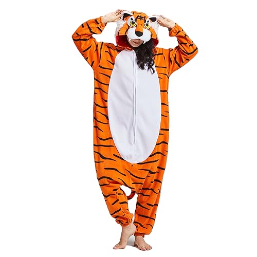 NaVarch Faschingskostüme Tiere Onesie Weihnachten Halloween Onesie Cosplay Jumpsuit Overall Nachtwäsche Damen Herren Tiger, L von NaVarch