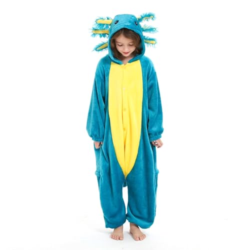 NaVarch Kinder Tier Kostüm Onesie Weich und Niedlich Cosplay Schlafoveralls Halloween Weihnachten Strampler Jungen Mädchen Blauer Salamander, 10-11 Jahre von NaVarch