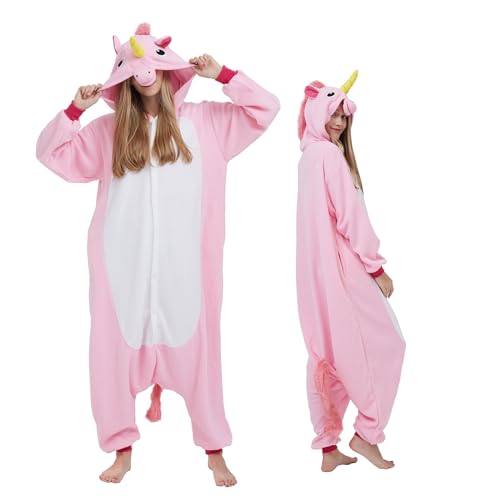 NAVARCH Rosa Einhorn Kostüm Damen Herren Onesie Plüsch Tierkostüm Erwachsene Ganzkörper Schlafanzug Karneval Jumpsuit Cosplay Fasching Halloween Pyjamas von NAVARCH