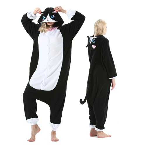 NAVARCH Schwarze Katze Kostüm Damen Herren Onesie Plüsch Tierkostüm Erwachsene Ganzkörper Schlafanzug Karneval Jumpsuit Cosplay Fasching Halloween Pyjamas von NAVARCH
