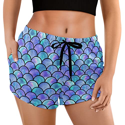 Naanle Damen Strand Shorts mit Taschen Regenbogen Meerjungfrau Schuppen Badehose Board Kurz Badeshorts Schnell Trocknen Bademode, mehrfarbig, 52 von Naanle