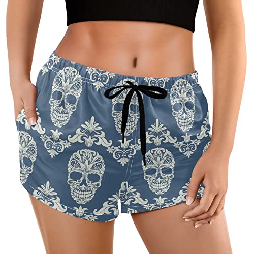 Naanle Damen Strandshorts mit Taschen Floral Skull Badehose Board Short Schnell Trocken Badeshorts Bademode, mehrfarbig, M von Naanle