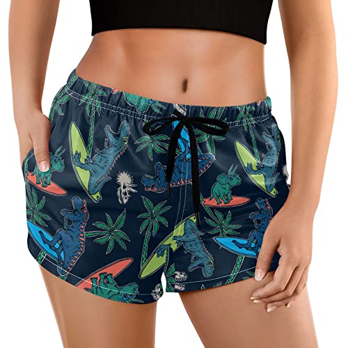 Naanle Damen Strandshorts mit Taschen Surfen Dinosaurier Palme Badehose Board Kurz Badeshorts Schnell Trocknend Bademode, mehrfarbig, M von Naanle