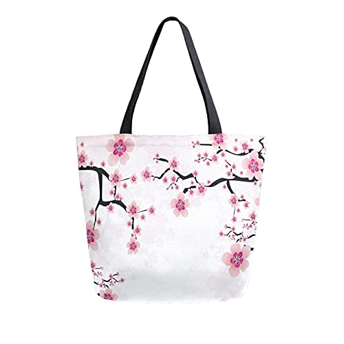 Naanle Einkaufstasche mit Blumenmuster aus Segeltuch, große Damen-Handtasche, japanische Kirschblüte, wiederverwendbar, strapazierfähig, Einkaufsbummel, Baumwolltasche für den Außenbereich. von Naanle