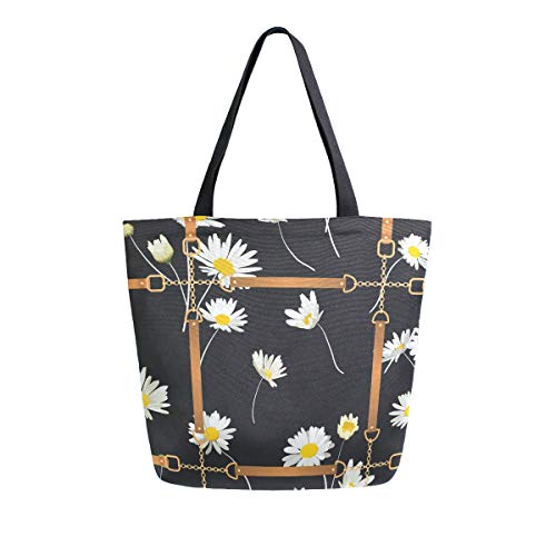 Naanle Einkaufstasche mit Blumenmuster aus Segeltuch für Damen, lässig, Schultertasche, Handtasche, Gänseblümchen, wiederverwendbar, strapazierfähig, Einkaufstasche aus Baumwolle für den Außenbereich. von Naanle