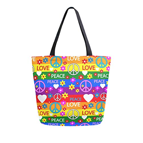 Naanle Floral Peace Canvas Tote Bag Large Women Casual Schultertasche Handtasche Peace Rainbow wiederverwendbar Mehrzweck Heavy Duty Shopping Lebensmittel Baumwolle Tasche für Outdoor von Naanle