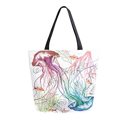 Naanle Quallen-Tasche aus Segeltuch, große Damen-Schultertasche, Handtasche, Aquarell, Quallen, wiederverwendbar, strapazierfähig, Einkaufstasche aus Baumwolle, für den Außenbereich von Naanle