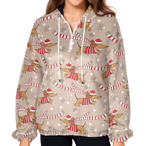 Naanle Romantischer Weihnachtshund-Dackel-Hoodie für Damen, flauschige Hoodies, halber Reißverschluss, warmer Fleece-Pullover, mehrfarbig, 36 von Naanle