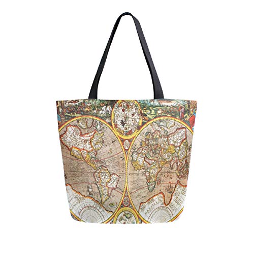 Naanle Weltkarte Canvas Tote Bag Groß Frauen Casual Schultertasche Handtasche Retro Antike Karte Wiederverwendbar Mehrzweck Heavy Duty Einkaufen Lebensmittel Baumwolle Tasche für Outdoor von Naanle