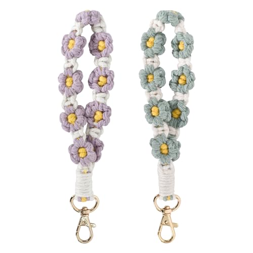 2 Stück Boho Armband Schlüsselband, Anhänger Lanyard Keychain Angenehm zu Tragen, Makramee Handgefertigtes Armband mit Gänseblümchen-Design, Schönes Geschenk für Frauen Mädchen, 19CM (Grün+Lila) von Naapesi