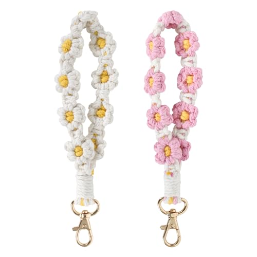 2 Stück Boho Armband Schlüsselband, Anhänger Lanyard Keychain Angenehm zu Tragen, Makramee Handgefertigtes Armband mit Gänseblümchen-Design, Schönes Geschenk für Frauen Mädchen, 19CM (Weiß+Rosa) von Naapesi