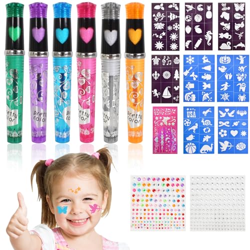 6 Farben Tattoo Stifte, Abwaschbar Glitzer Tattoo Stifte, Tatoostifte Glitzer Set mit 80 Schablone und 4 Blätter Glitzersteine, Tattoo Stifte Kinder für Ostern, Weihnachten, Halloween, Kostümpartys von Naapesi