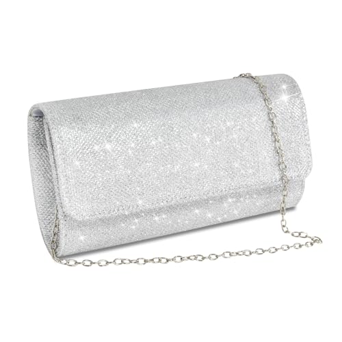 Naapesi Kettentasche,Damen Clutch Glitzer,Elegante Envelope Tasche,Glitzer Abendtasche,Handtasche Silber,Umhängetaschen mit Abnehmbarer Kette,für Hochzeit, Party, Freizeit, Date,Geschenk für Freundin von Naapesi