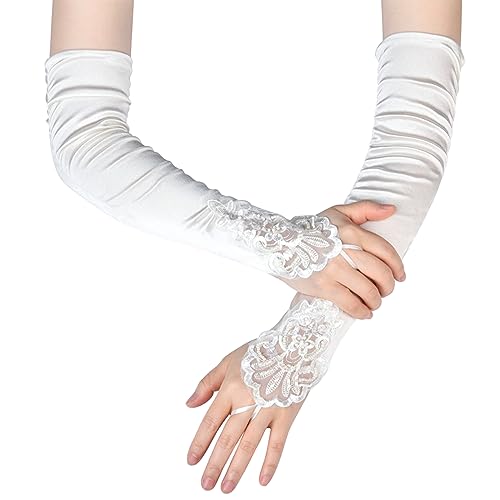 Naapesi Lange Satin Handschuhe - Damen Classic Abendhandschuhe Mit Spitze Für Braut, Tanz, Verkleidung, Hochzeit, Abschlussball, Halloween (Weiß) von Naapesi