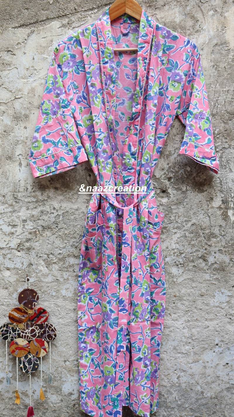 Blumen Kimono Robe Block Print Kleid Strand Tragen Sommerkleid Baumwolle Brautjungfer von Naazcreation