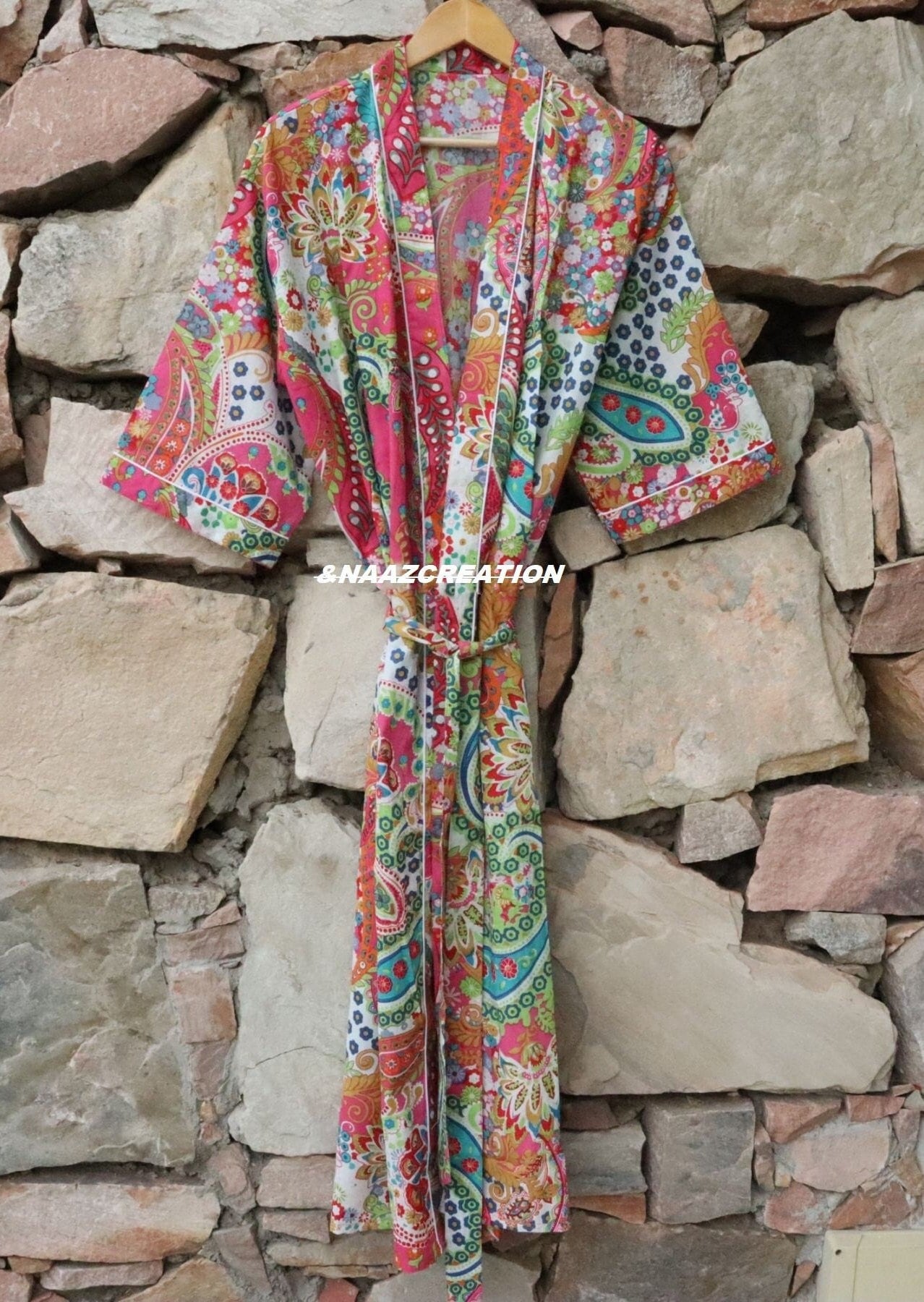 Express-Lieferung - Baumwoll-Kimono-Roben, Paisley-Print-Kimono, Weiche Und Bequeme Bademäntel, Baumwoll-Wickelkleid, Morgenmantel Pink von Naazcreation