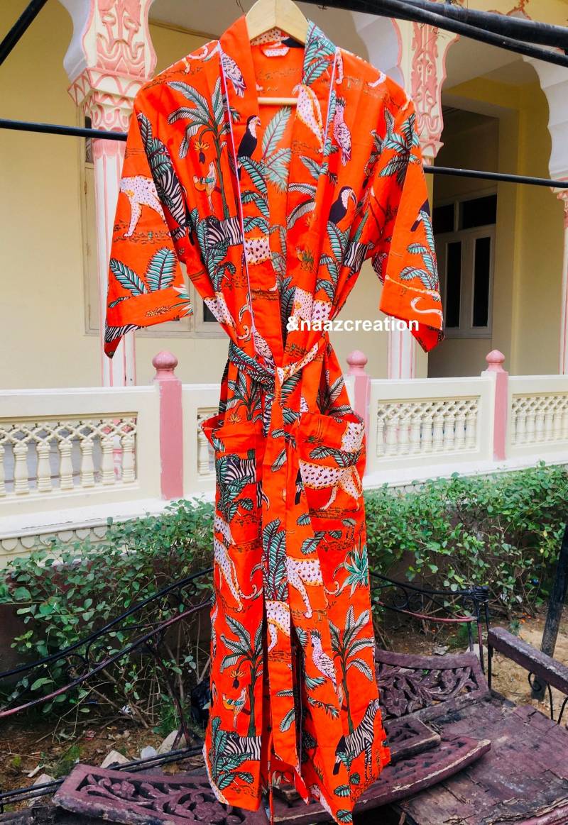 Orange Tiger Dschungel Floral Kimono Block Print Robe Mutterschaft Kleid Strand Tragen Sommerkleid Baumwolle Brautjungfer von Naazcreation