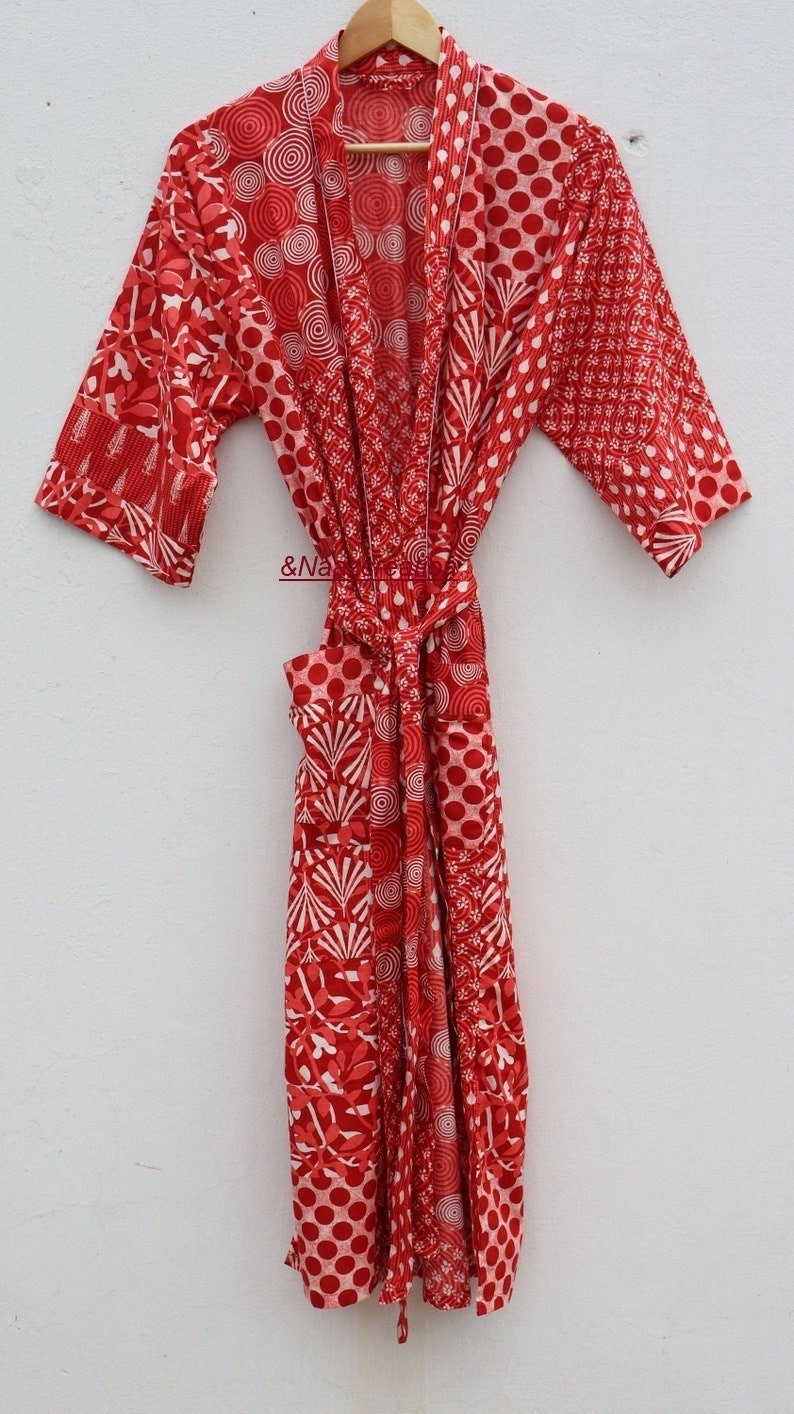 Rot Patchwork Print Robe Hand Bedruckter Kimono Baumwolle Bademantel Für Frauen Leichte Beach Wear Brautjungfer Kleid von Naazcreation