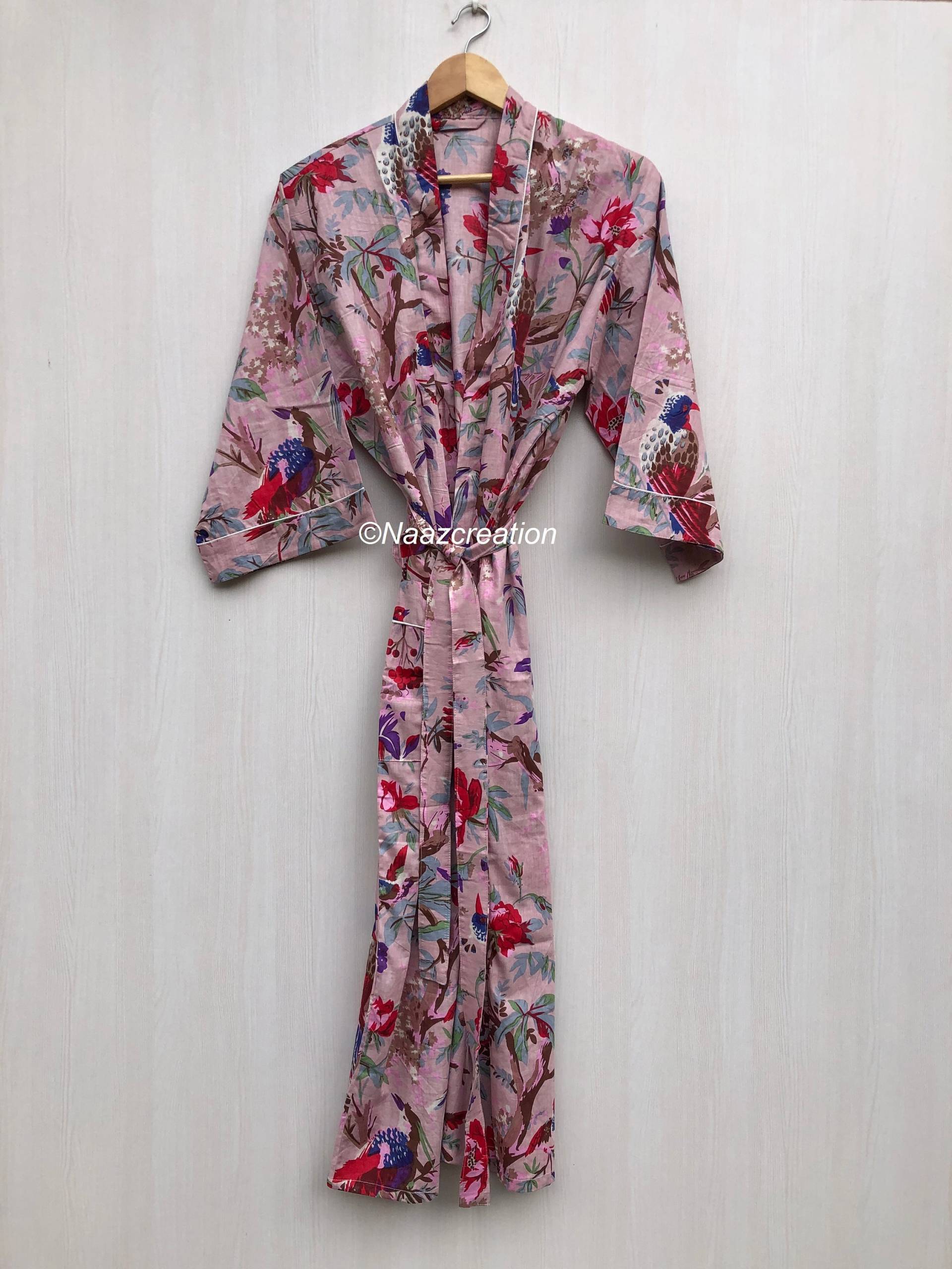 Vogel-Druck-Baumwoll-Kimono-Roben, Druck-Kimono, Weiche Und Bequeme Bademäntel, Wickelkleid, Haus-Mantel-Robe Lite Pink von Naazcreation