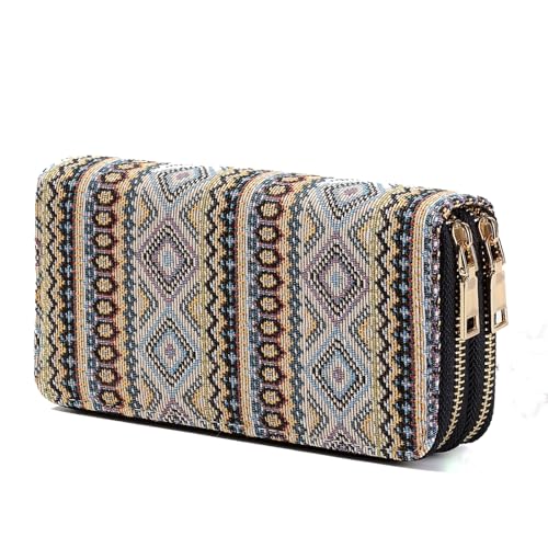 Nabegum Damen Boho Western Geldbörse Canvas Damen Mädchen Slim Geldbörse Kreditkartenetui, Doppelreißverschlüsse im Bohemian-Stil, Schlanke, lange Geldbörse von Nabegum
