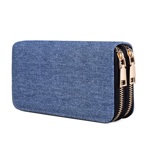 Nabegum Srawberry Geldbörse für Damen, großes Fassungsvermögen, 2 Reißverschlüsse, Damengeldbörse, Kreditkartenetui (rosa Erdbeere), Denim Blau, Reisebrieftasche von Nabegum
