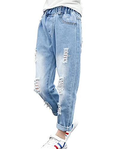 NABER Kinder Mädchen Elastic Waist Wash Denim Jeans Cool Ripped Style Jeans Alter 4-14 Jahre, stil 1, 7-8 Jahre von Naber