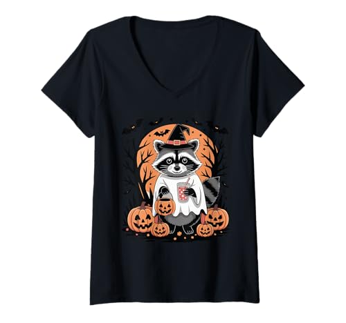 Damen Waschbär Kostüm Lustig Halloween Nacht Zauber T-Shirt mit V-Ausschnitt von Nacht Der Geister Waschbär Halloween Zauber