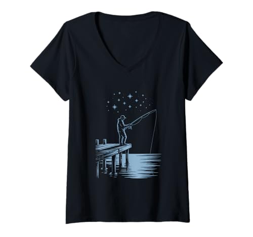 Damen Angler Am Steg Unter Sternen Nacht Am See Fischen T-Shirt mit V-Ausschnitt von Nachtangeln Angler Sternenhimmel See Steg Ruhe
