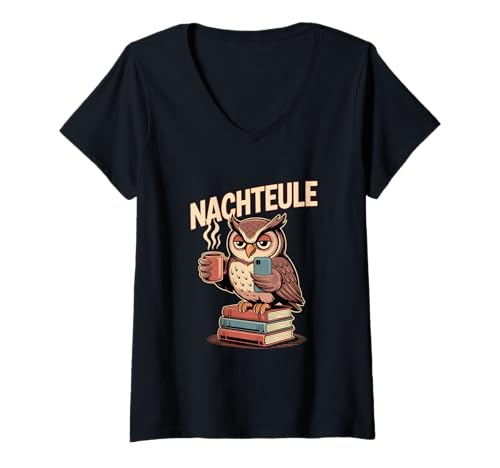 Damen Nachteule Kaffee Bücher Eule Mit Smartphone T-Shirt mit V-Ausschnitt Damen Nachteule Kaffee Bücher Eule Mit Smartphone T-Shirt mit V-Ausschnitt von Nachteule Kaffee Eule Bücher Smartphone Studium