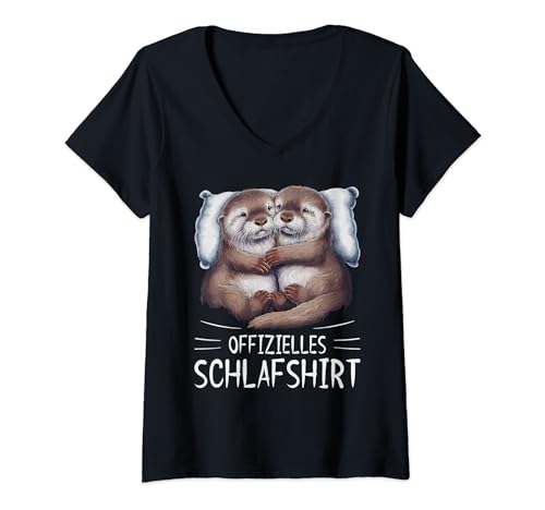 Damen Offizielles Schlafshirt Otter Pyjama Schlafanzug Seeotter T-Shirt mit V-Ausschnitt von Nachthemd Pyjama Tiere Designs & Geschenkideen