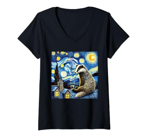 Damen Dachs auf dem Dach in der Sternennacht T-Shirt mit V-Ausschnitt Damen Dachs auf dem Dach in der Sternennacht T-Shirt mit V-Ausschnitt von Nachthimmel Dachs Dach Mondlicht Magie