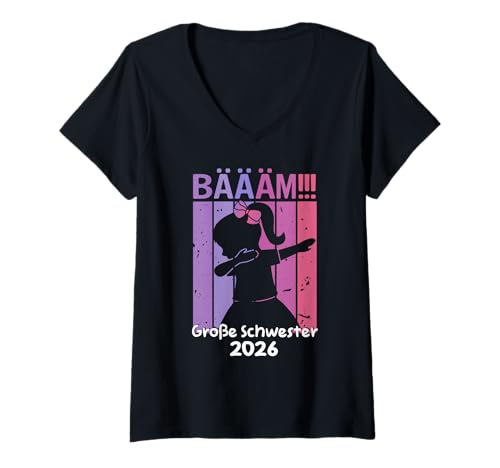 Damen Mädchen Bääm Große Schwester 2026 Dab Schwangerschaft T-Shirt mit V-Ausschnitt Damen Mädchen Bääm Große Schwester 2026 Dab Schwangerschaft T-Shirt mit V-Ausschnitt von Nachwuchs Ankündigung Geburt Babyparty Geschwister