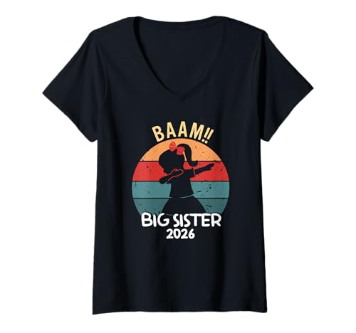 Damen Mädchen Bääm Große Schwester 2026 Dab Schwangerschaft T-Shirt mit V-Ausschnitt Damen Mädchen Bääm Große Schwester 2026 Dab Schwangerschaft T-Shirt mit V-Ausschnitt von Nachwuchs Ankündigung Geburt Babyparty Geschwister
