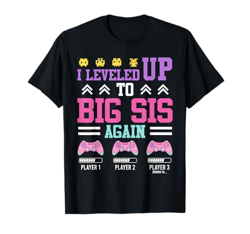 Bald Schwester LEVELED UP to Big SIS Again Lustig Mädchen T-Shirt von Nachwuchs Geschenk Zocken T-Shirt Familie Set