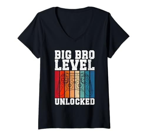 Damen Bald Bruder Big BRO Level Unlocked Lustiges Brüder T-Shirt mit V-Ausschnitt von Nachwuchs Geschenk Zocken T-Shirt Familie Set