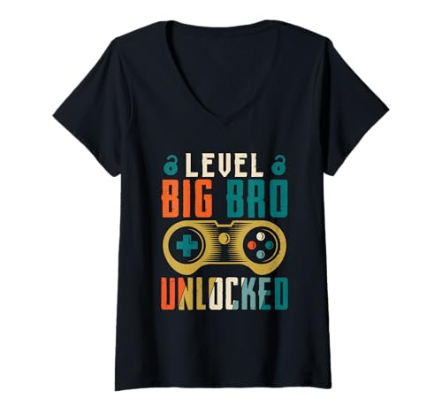 Damen Brüder Level Big BRO Unlocked Lustiges Gaming T-Shirt mit V-Ausschnitt von Nachwuchs Geschenk Zocken T-Shirt Familie Set