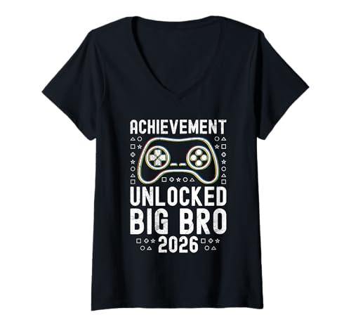 Damen Familie Set Achievement Unlocked Big BRO 2026zocken T-Shirt mit V-Ausschnitt von Nachwuchs Geschenk Zocken T-Shirt Familie Set