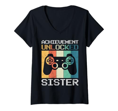 Damen Familie Set Achievement Unlocked Sister LUSTIG Familie Set T-Shirt mit V-Ausschnitt von Nachwuchs Geschenk Zocken T-Shirt Familie Set
