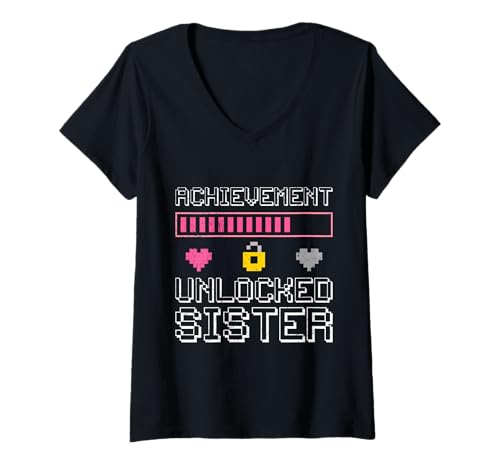 Damen Familie Set Achievement Unlocked Sister LUSTIG Familie Set T-Shirt mit V-Ausschnitt von Nachwuchs Geschenk Zocken T-Shirt Familie Set
