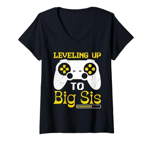 Damen Familie Set Leveling UP to Big SIS LUSTIG Zocken T-Shirt mit V-Ausschnitt von Nachwuchs Geschenk Zocken T-Shirt Familie Set