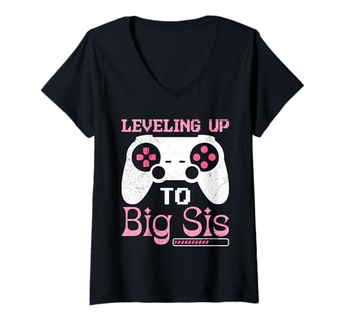 Damen Familie Set Leveling UP to Big SIS LUSTIG Zocken T-Shirt mit V-Ausschnitt von Nachwuchs Geschenk Zocken T-Shirt Familie Set