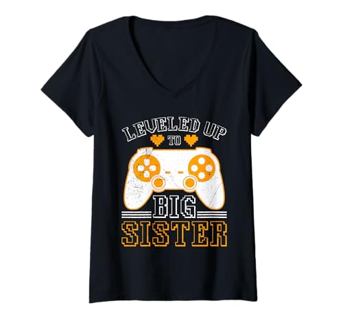 Damen Familie Set Leveling UP to Big SIS LUSTIG Zocken T-Shirt mit V-Ausschnitt von Nachwuchs Geschenk Zocken T-Shirt Familie Set