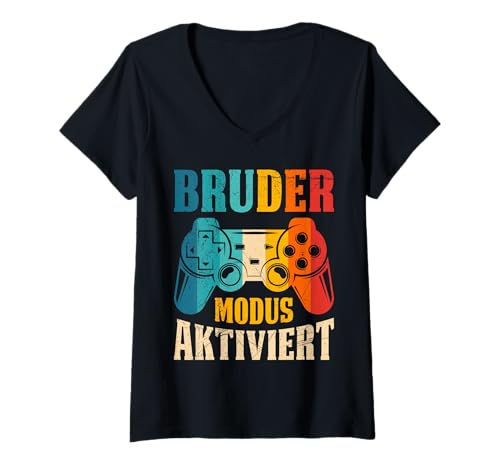 Damen Geschenk Zocken Bruder Modus AKTIVIERT LUSTIG Familie Set T-Shirt mit V-Ausschnitt von Nachwuchs Geschenk Zocken T-Shirt Familie Set