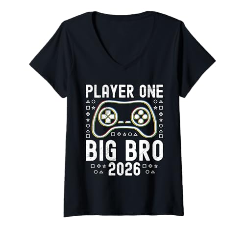 Damen Geschenk Zocken Player ONE Big BRO 2026 LUSTIG Familie Set T-Shirt mit V-Ausschnitt von Nachwuchs Geschenk Zocken T-Shirt Familie Set
