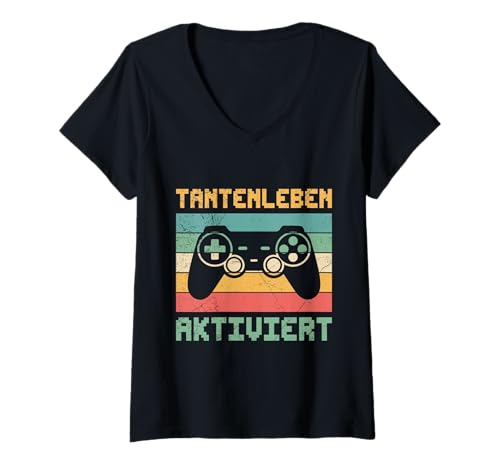 Damen Geschenk Zocken TANTENLEBEN AKTIVIERT LUSTIG Familie Set T-Shirt mit V-Ausschnitt von Nachwuchs Geschenk Zocken T-Shirt Familie Set