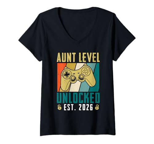 Damen Neue Tante Aunt Level Unlocked EST 2026 Lustig Tanten T-Shirt mit V-Ausschnitt von Nachwuchs Geschenk Zocken T-Shirt Familie Set