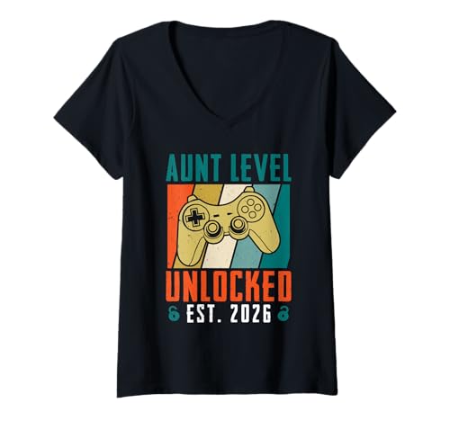 Damen Neue Tante Aunt Level Unlocked EST 2026 Lustig Tanten T-Shirt mit V-Ausschnitt von Nachwuchs Geschenk Zocken T-Shirt Familie Set